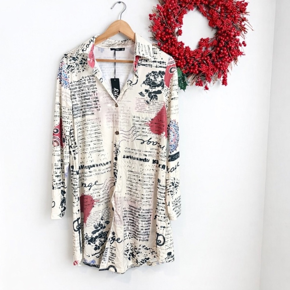 Lily Artsy Abstract Print Shirt Dress Cream Red Black Collared Tunic SMALL